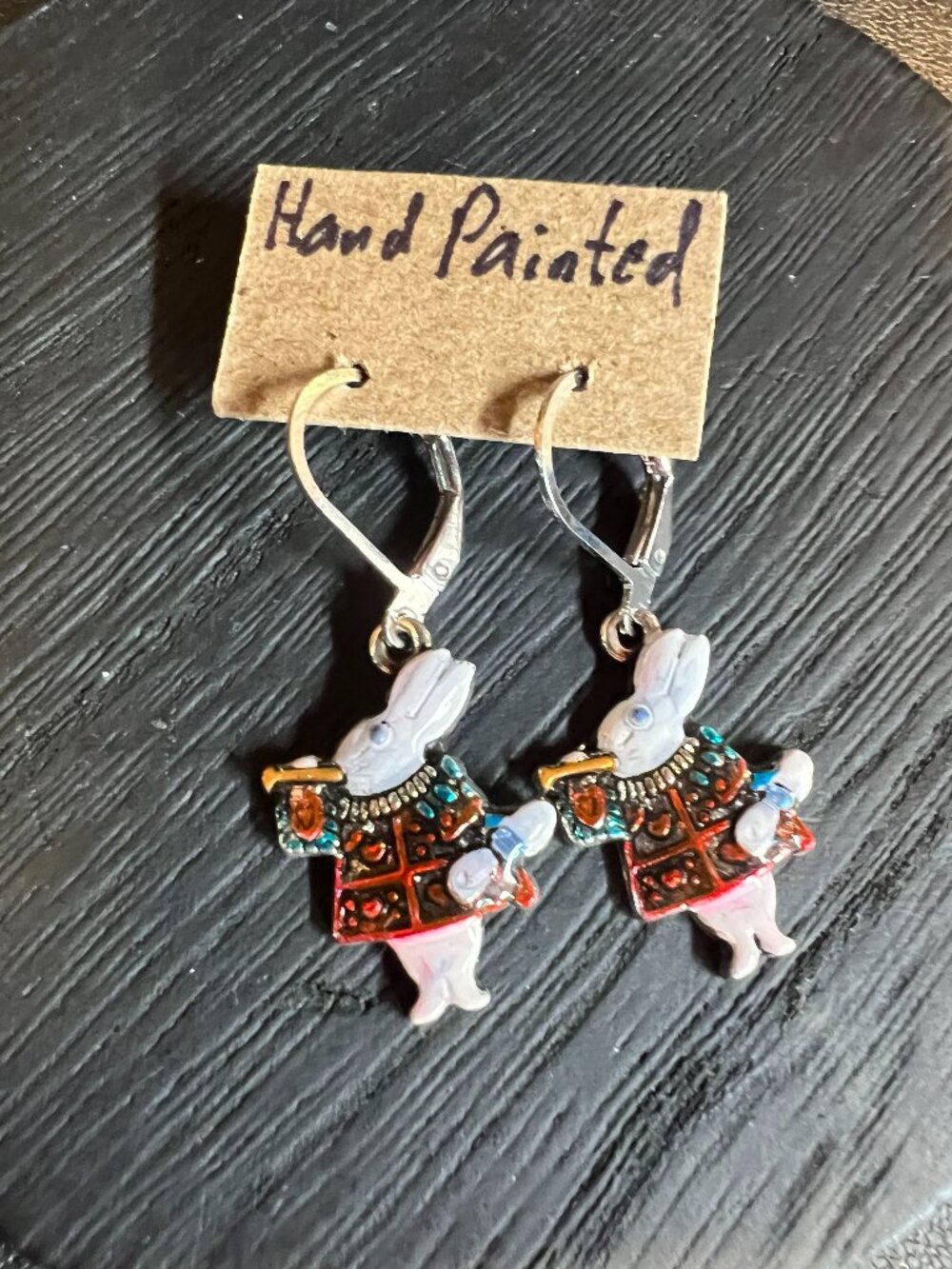 Handpainted White Rabbit Silvertone Earrings